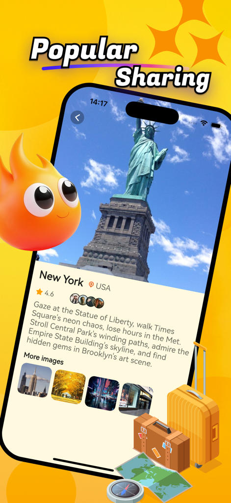 Jourry - Video Call, Live Chat - A smartphone screen displaying a New York travel guide within the Jourry app featuring the Statue of Liberty