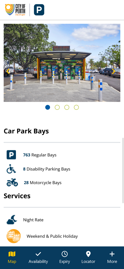 City of Perth Parking - Interface of the City of Perth Parking app showing available car park bays and services.