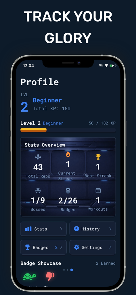 PUPG - Push Up PlayGround - PUPG app profile screen showing gamified fitness stats, level progress, and earned badges