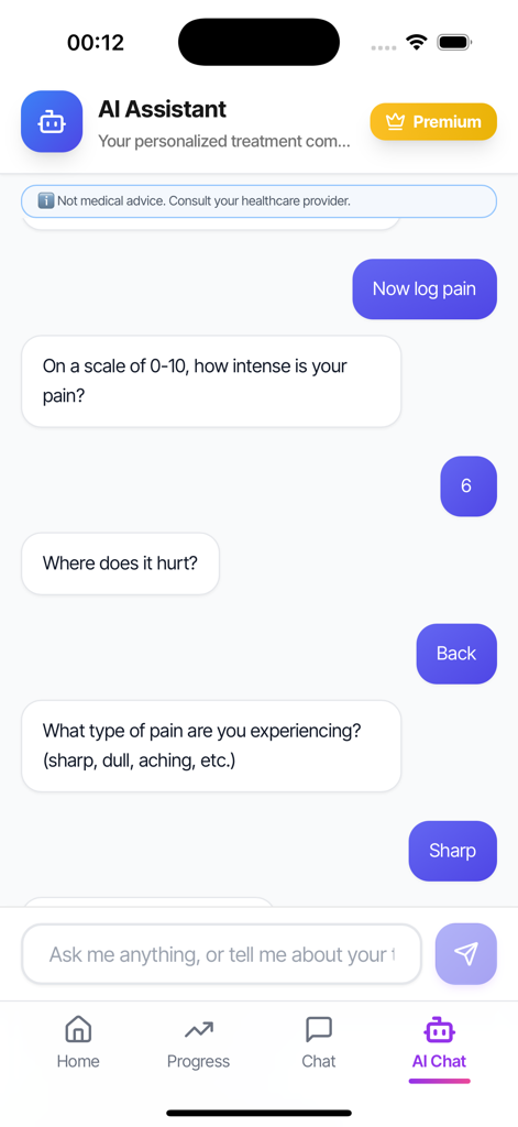 AI chat interface for logging scoliosis pain symptoms in the ReAlign app