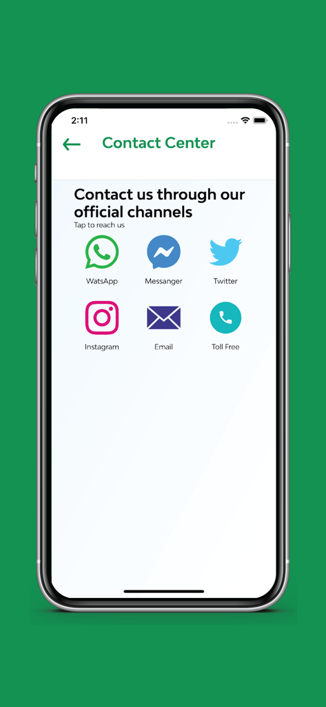 Contact center interface of the BOA Mobile Wallet app featuring various support channels.