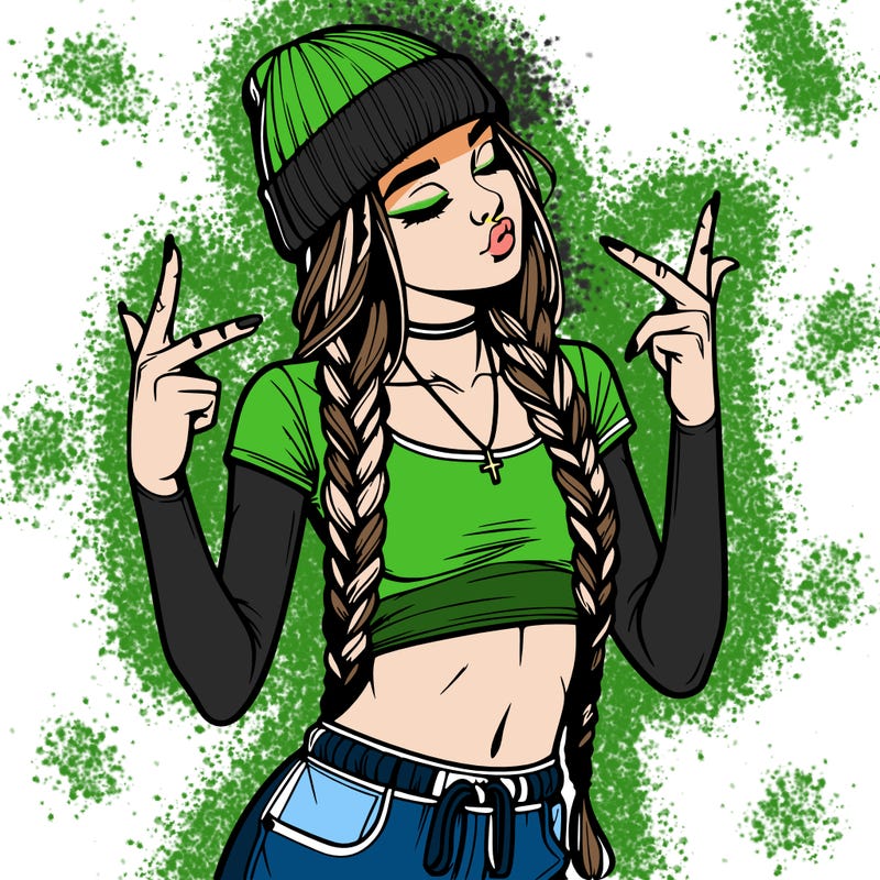 realistic teenage girl with braids and a beanie and crop top doing 🫶🏼
