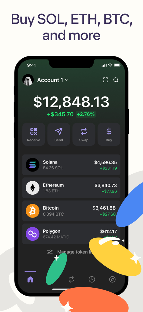 Interface de l'application de portefeuille crypto Phantom montrant le portefeuille d'actifs numériques et le solde