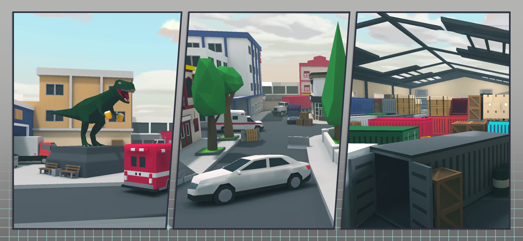 POLYWAR: 3D FPS online shooter - A display of three different low-poly maps from the POLYWAR shooter game.