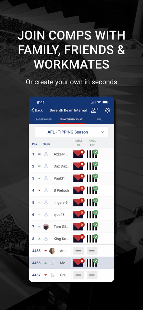 footytips - Footy Tipping App - Interfaz de la aplicación footytips que muestra una competición social de pronósticos deportivos con resultados de jugadores.