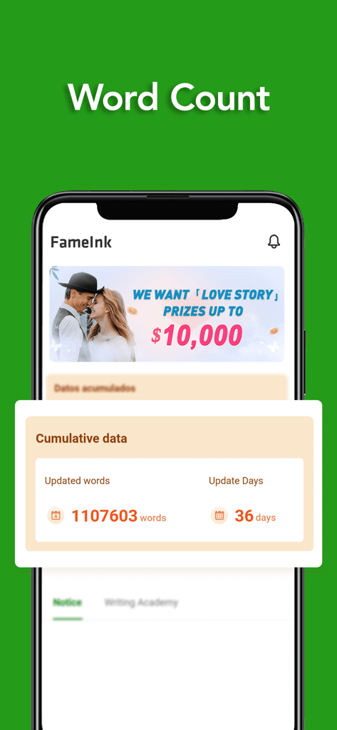 FameInk - Capture d'écran de l'application mobile FameInk montrant les statistiques d'écrivain pour le nombre de mots et une bannière de concours d'histoires d'amour.