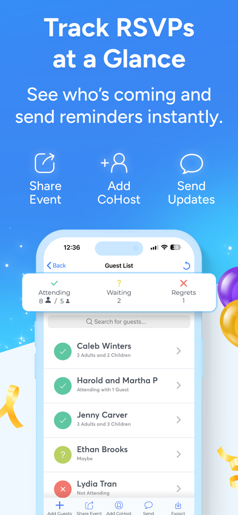 Invitd App-Gästelistenbildschirm, der teilnehmende und wartende RSVP-Status für eine Veranstaltung anzeigt.