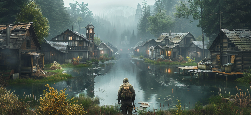 Dead God Land: Survival games - 짙은 숲 속 안개 낀 나무 마을을 내려다보는 호숫가에 서 있는 군복 차림의 외로운 생존자