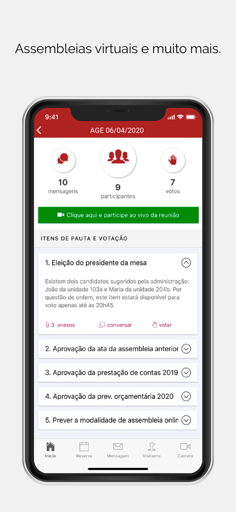 Graber Smart Access app interface displaying virtual assembly features including meeting statistics and voting items.