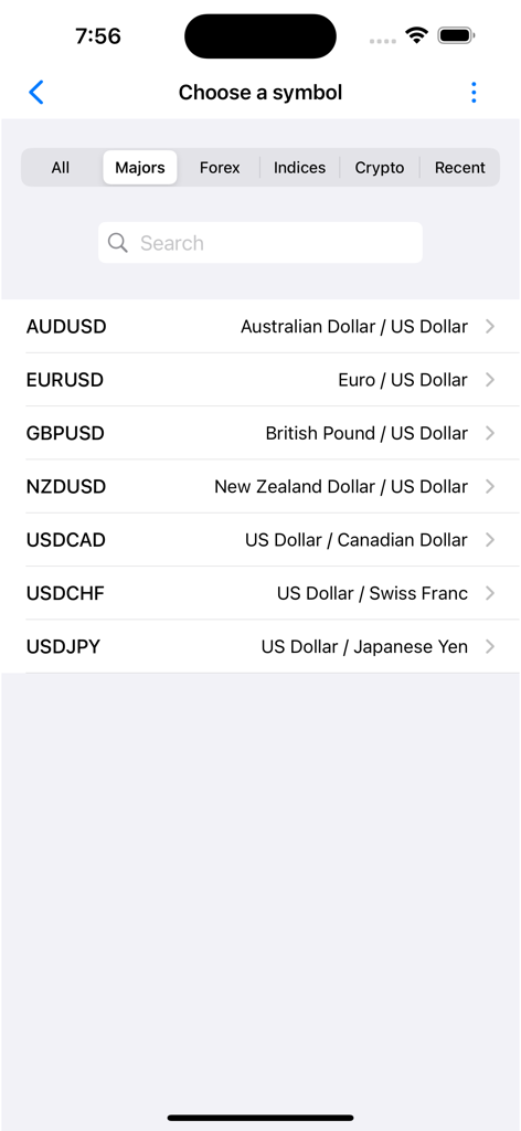 Forex Price Alerts - Symbol selection screen showing a list of major forex currency pairs like EURUSD and GBPUSD