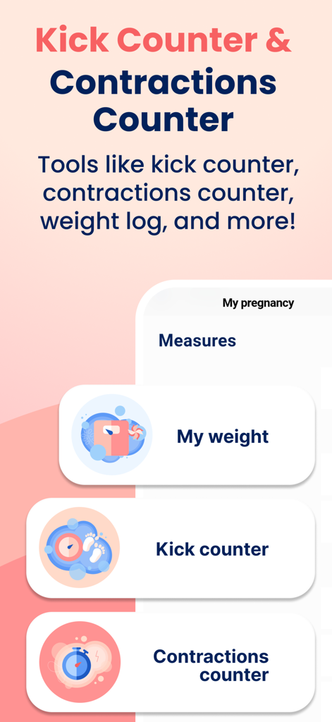 HiMommy: Ovulation & Pregnancy - HiMommy app screen featuring pregnancy tools for weight logging, kick counting, and contraction tracking