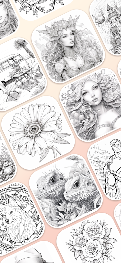 InColor: Coloring & Drawing - Une galerie de divers dessins au trait en noir et blanc à colorier, y compris des portraits, des animaux et des fleurs.