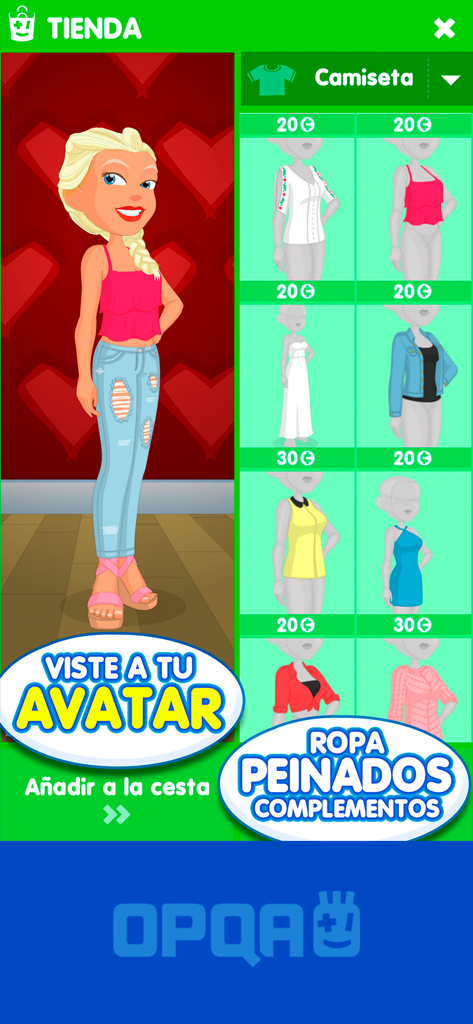 OPQA - Interfaz de la tienda de la aplicación OPQA que muestra un avatar femenino siendo personalizado con diferentes opciones de ropa