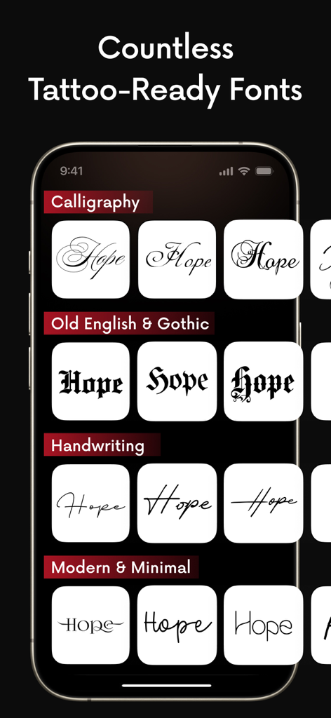 InkUp - AI Lettering tattoo - InkUp app screen displaying various tattoo lettering styles including Calligraphy, Gothic, and Handwriting