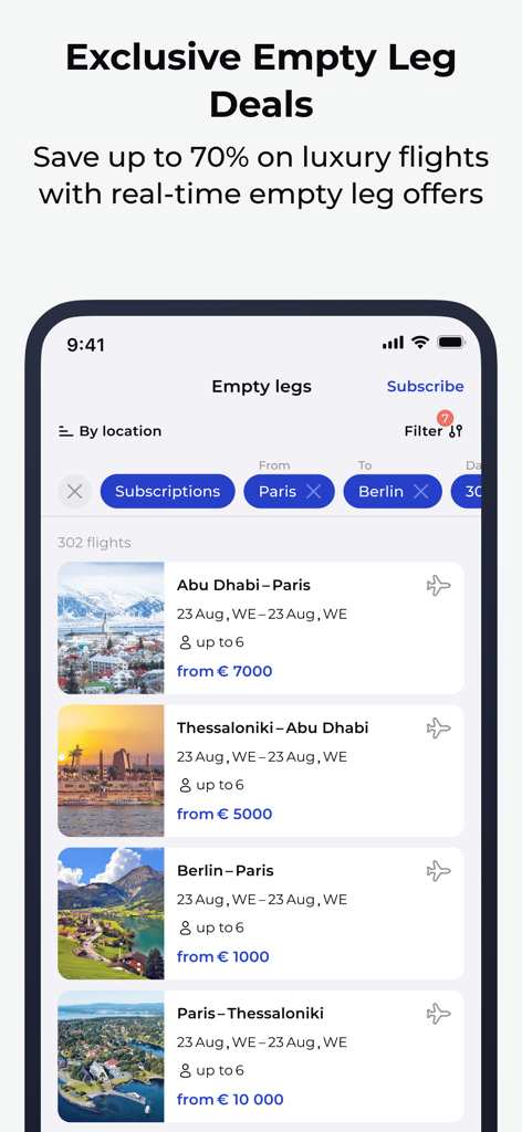 Mirai Flights - Interface of the Mirai Flights app showing exclusive empty leg deals for private jet flights between cities like Paris and Berlin.