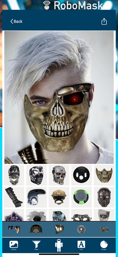 RoboMask : Ai CyberFace Camera - Interfaz de la aplicación móvil RoboMask mostrando una foto con una máscara de cráneo robótico y un filtro de ojo de cyborg