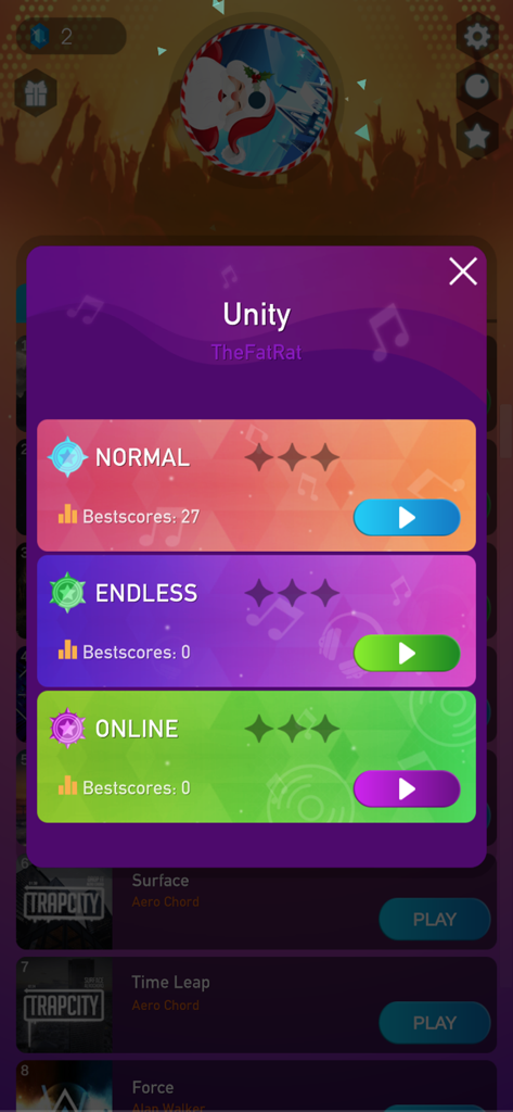 EDM HOP: Music Tiles Rush - Game modes menu for the song Unity in EDM HOP Music Tiles Rush