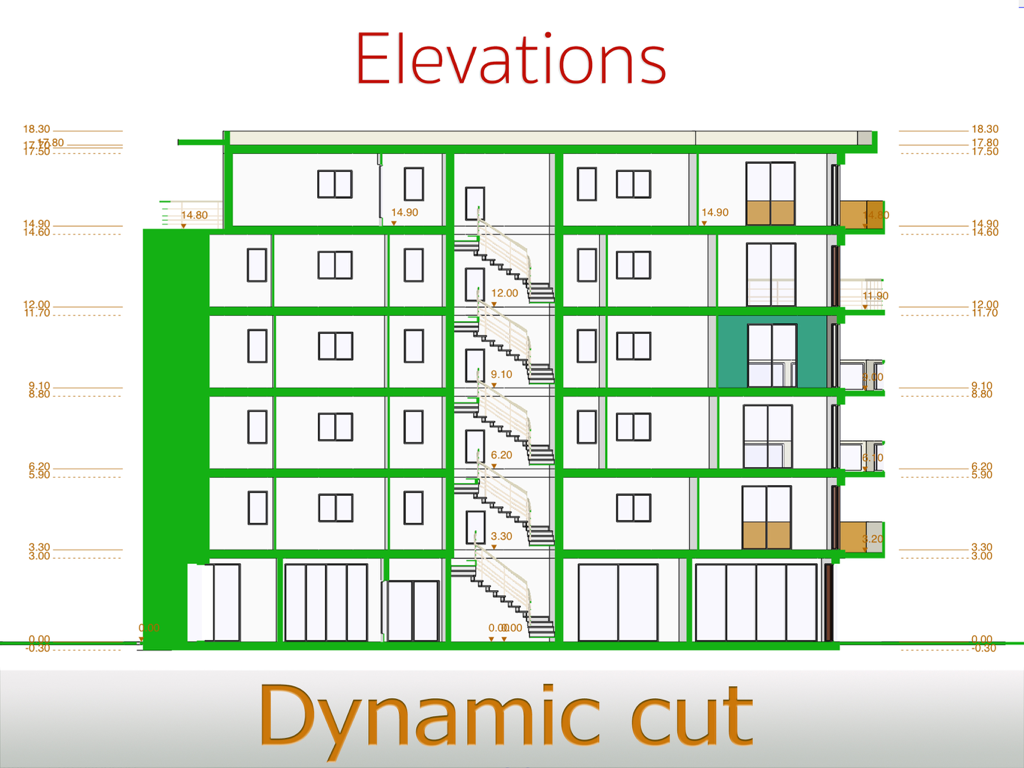 ArchiTouch 3D - Home Design - Elevação técnica do edifício mostrando uma seção transversal dinâmica de vários andares com medidas de altura.