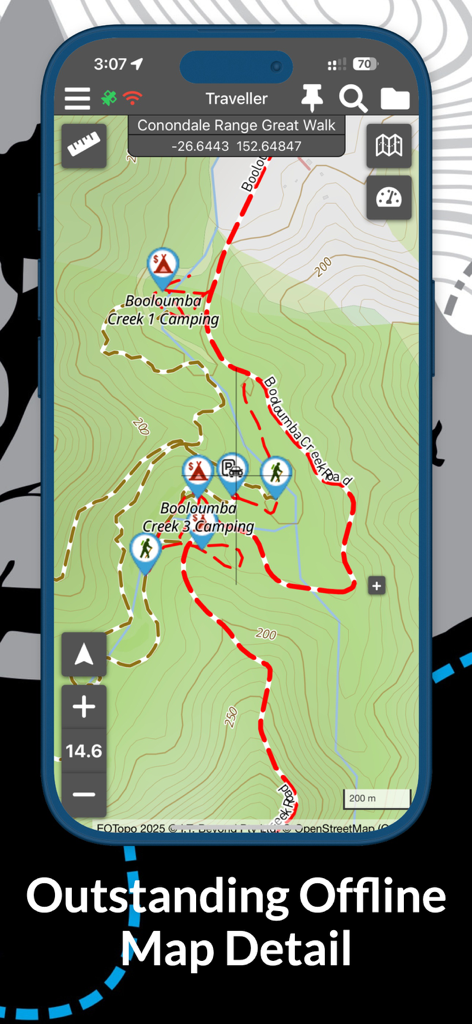 ExplorOz Traveller - A high-detail topographical map in the ExplorOz Traveller app showing campsites and hiking trails in the Conondale Range.
