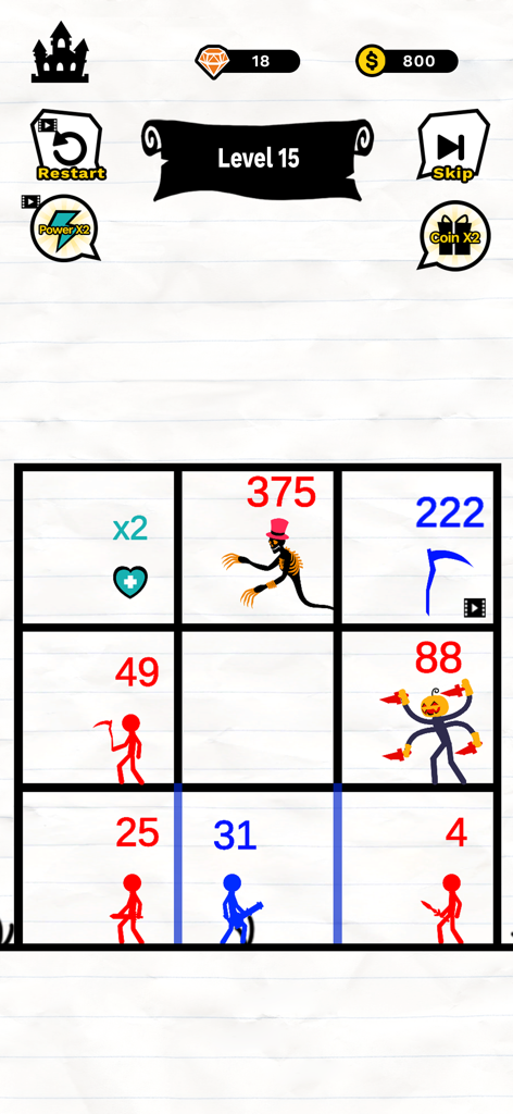 Stick Battle: Mighty Tower War - A blue stickman hero battling numbered enemies in a math strategy puzzle level