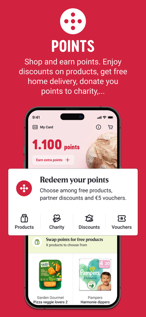 My Delhaize - Pantalla de la app Mi Delhaize para gestionar puntos de fidelidad y canjear recompensas como productos y descuentos