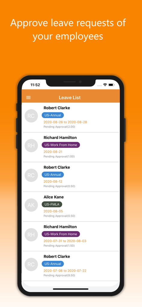 Smartphone screen displaying a list of employee leave requests in the OrangeHRM Open Source app for manager approval