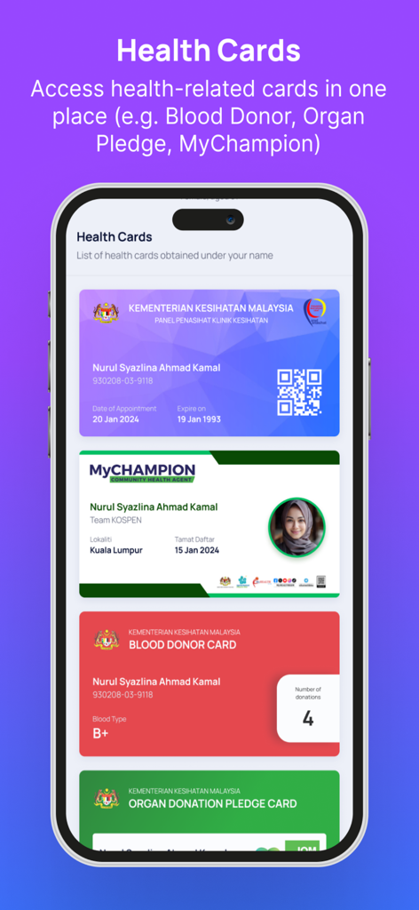 MySejahtera app interface showing digital health cards including blood donor and organ pledge records