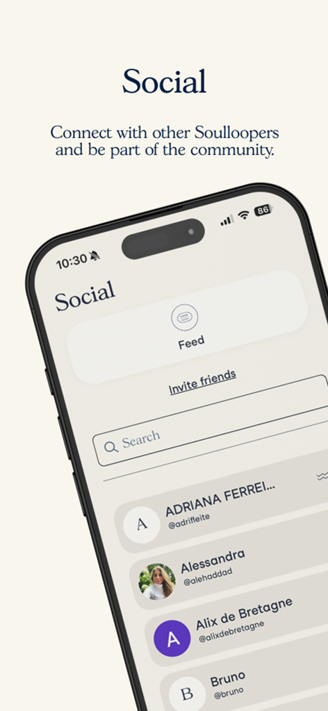 Screenshot of the Soulloop app Social page showing a list of community members and a search feature.