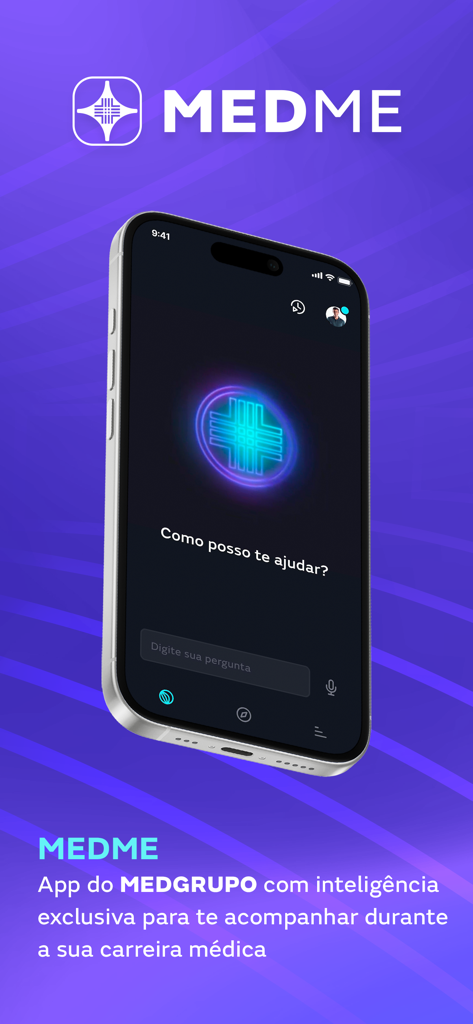 MEDMe Prática Médica - MEDMe medical app interface on a smartphone showing AI clinical assistant and voice search prompt