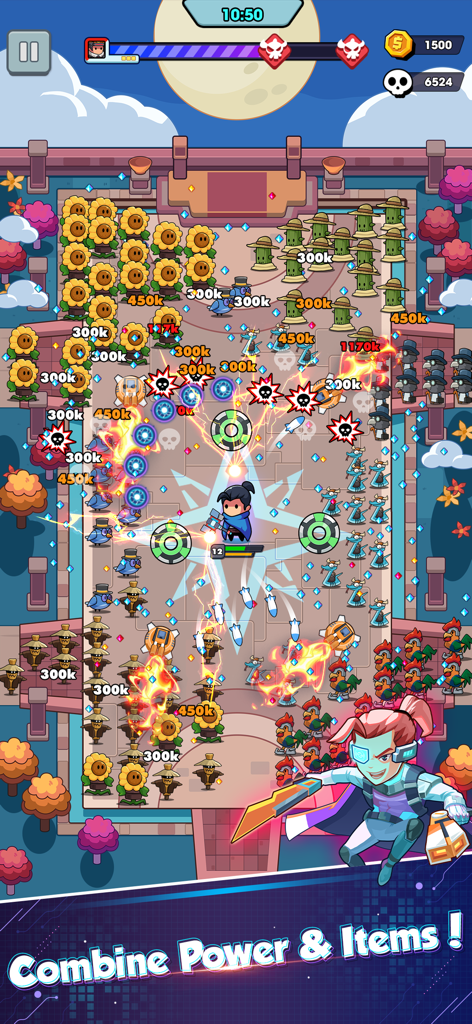 Jugabilidad de Hero Survival IO 2 mostrando a un personaje luchando contra oleadas de enemigos con habilidades especiales y el texto Combina Poder y Objetos