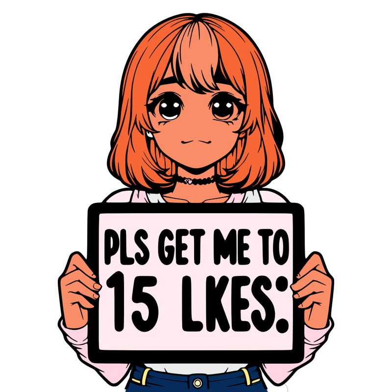 realistic girl holding up a sign that says “pls get me to 15 likes!”