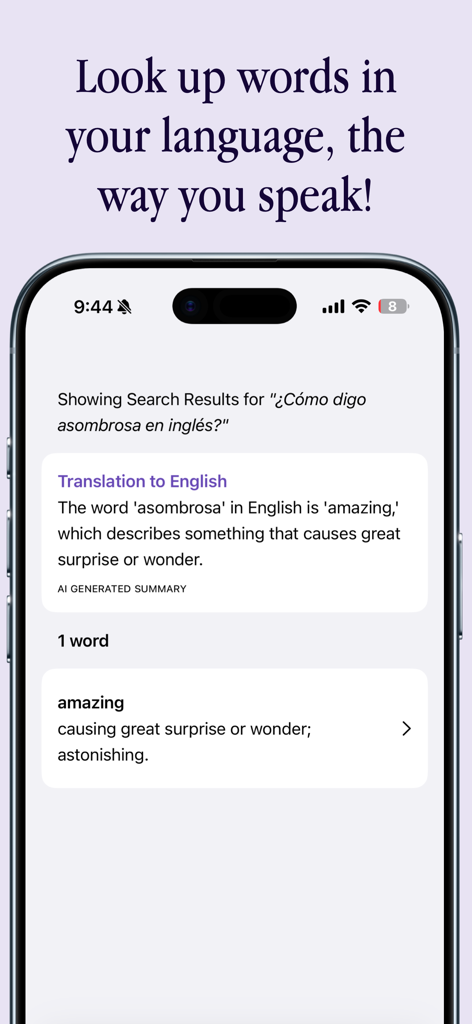 LookUp: English Dictionary - LookUp app interface showing a natural language translation search from Spanish to English.