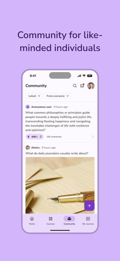 Amoria - Interfaz del foro comunitario de la aplicación Amoria mostrando publicaciones y discusiones de usuarios