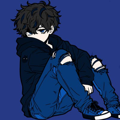 a male hoddie ripped jeans messy hair anime