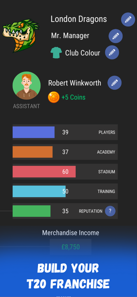 Interfaz de Wicket Cricket Manager para construir una franquicia T20 con estadísticas y opciones de gestión del equipo