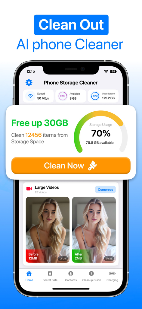 Cleanout app dashboard displaying storage usage and a tool to free up 30GB by cleaning items and compressing videos