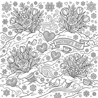 Discover a charming Mother's Day coloring page blending delicate floral bouquets with serene snowdrifts. This unique design offers a beautiful way to celebrate Mom, filled with intricate details like hearts, birds, and whimsical snowflakes.