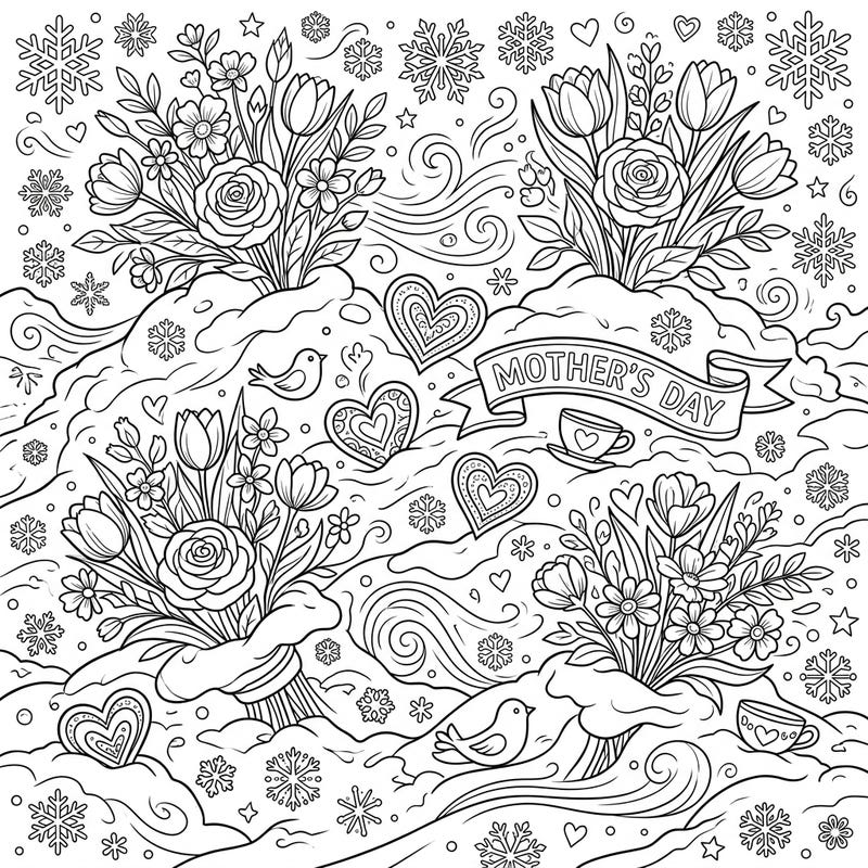 Discover a charming Mother's Day coloring page blending delicate floral bouquets with serene snowdrifts. This unique design offers a beautiful way to celebrate Mom, filled with intricate details like hearts, birds, and whimsical snowflakes.