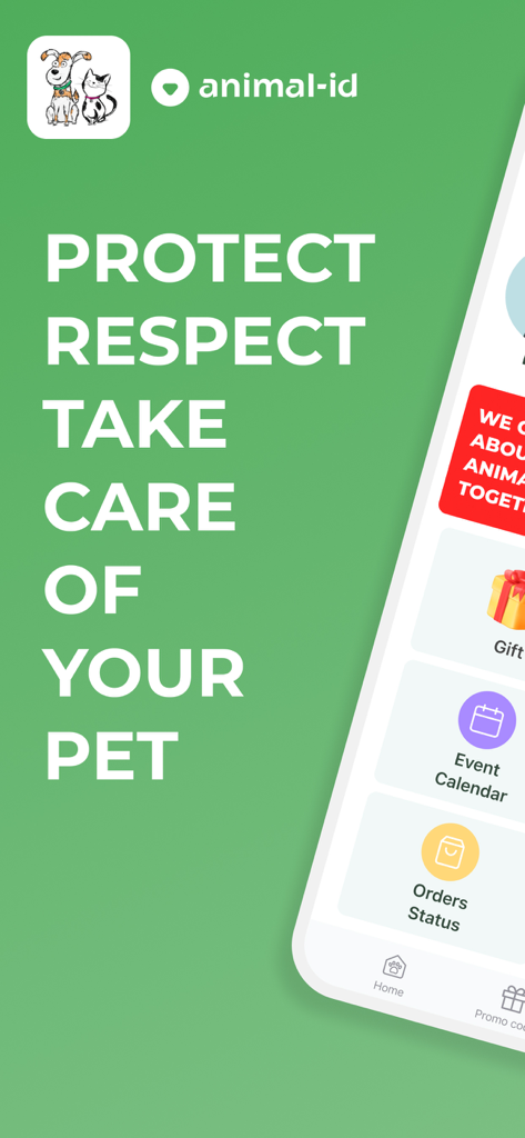 Pet Care, ID & GPS Tracker - Pantalla de la aplicación de cuidado de mascotas Animal ID con el lema Protege Respeta Cuida a tu Mascota mostrando características de gestión de mascotas como calendario de eventos y estado de pedidos