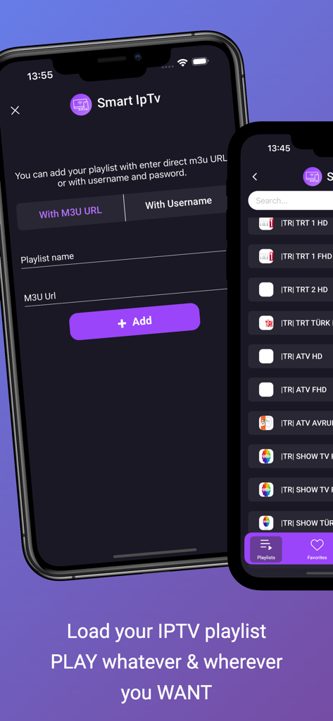 Smart IPTV app interface showing M3U playlist configuration and live TV channel list on iPhone