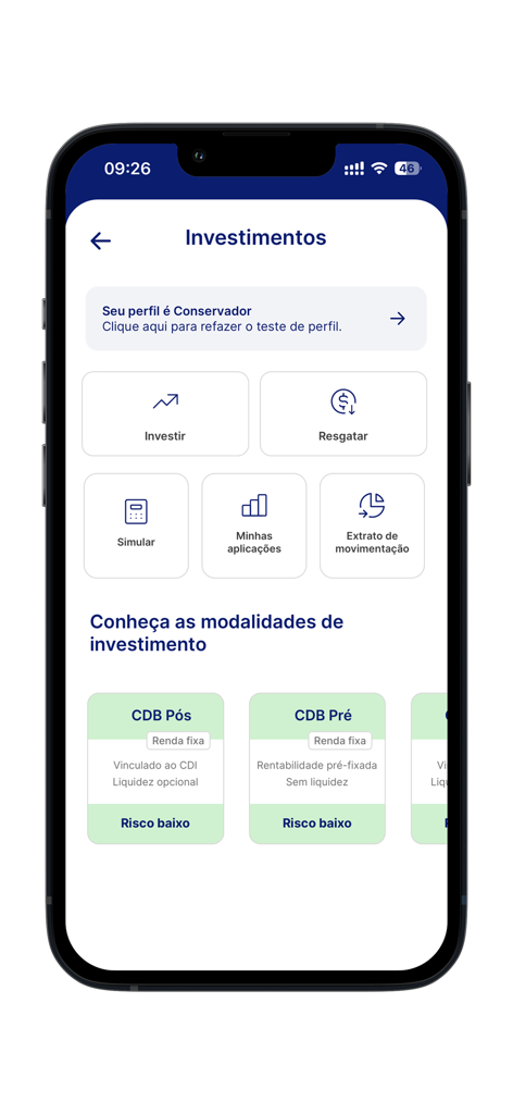 Banco Rendimento - Panel de inversiones de la aplicación móvil de Banco Rendimento mostrando un perfil de usuario conservador y opciones de renta fija como CDB
