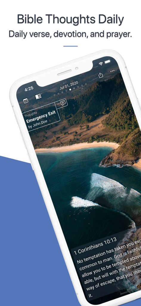 Aplicativo Bible Thoughts Daily mostrando um versículo bíblico de 1 Coríntios 10:13 sobre uma paisagem costeira cênica