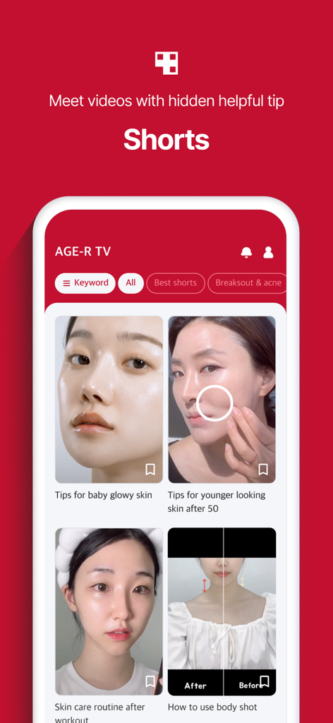 AGE-R medicube Digital clinic - MedicubeアプリのAGE-R TVセクションのスクリーンショット。短いスキンケアビデオチュートリアルとヒントが表示されています。
