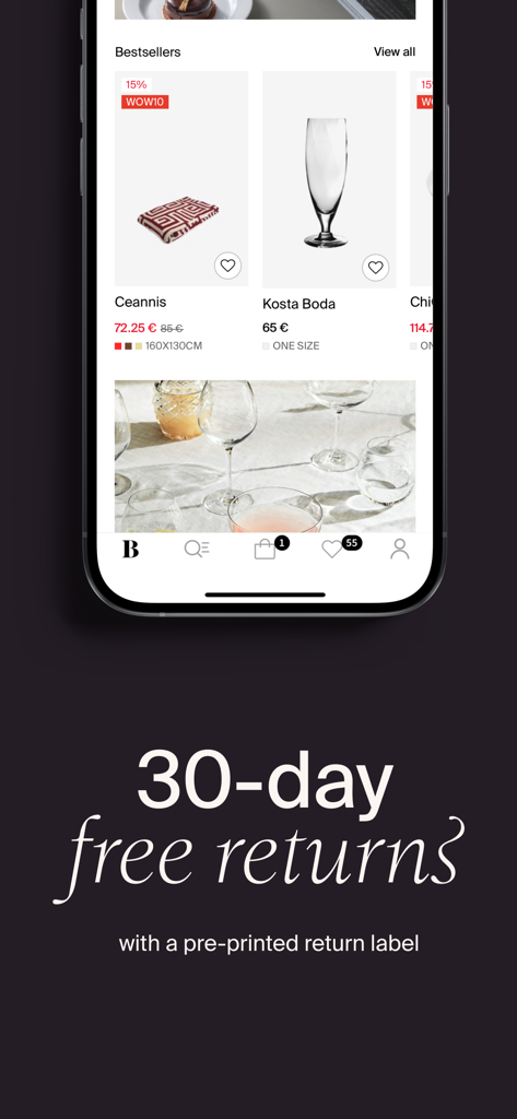 Boozt mobile app interface showing home decor products and 30-day free returns policy information