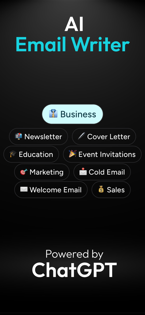 Mailbot - AI Email Writer - A screenshot of the Mailbot AI Email Writer app showing different email categories like Business, Newsletter, and Cover Letter powered by ChatGPT.