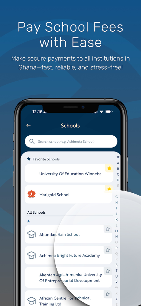 Transflow Mobile app interface showing a list of schools in Ghana for easy fee payment