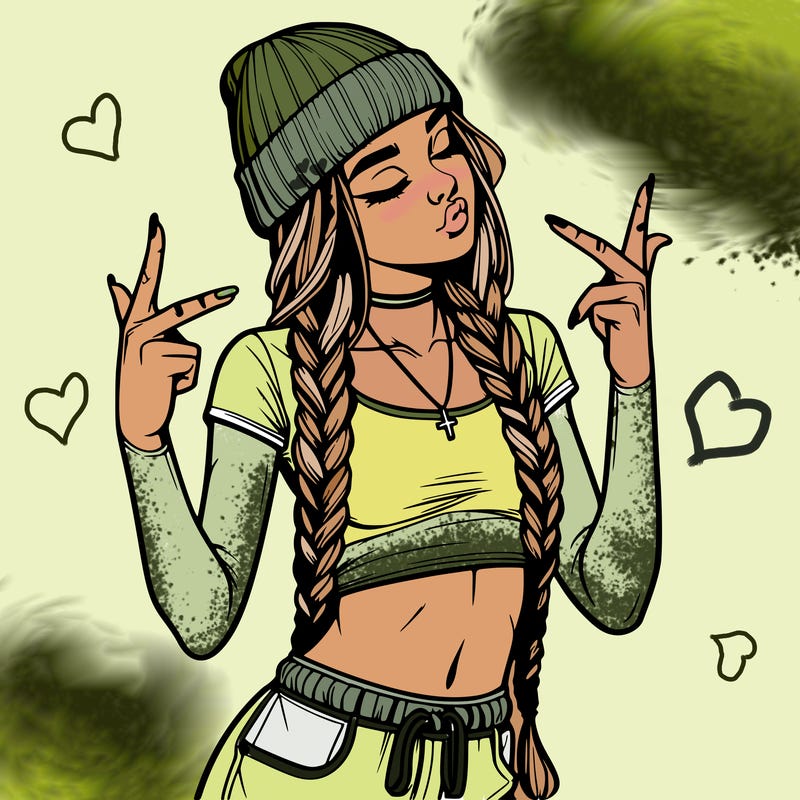 realistic teenage girl with braids and a beanie and crop top doing 🫶🏼