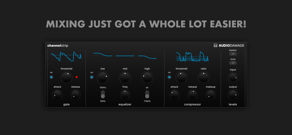 ChannelStrip app interface featuring gate, equalizer, and compressor controls for mobile music production.