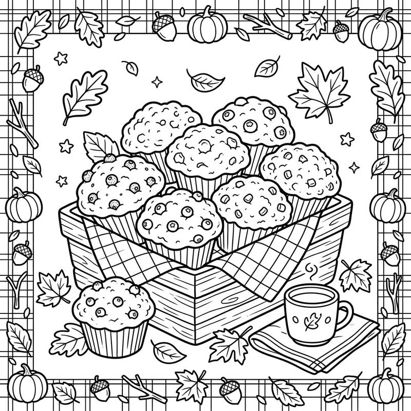 Welcome the crisp air and cozy vibes of autumn with this charming coloring page featuring a basket overflowing with delicious muffins. Kids will love bringing these fall treats and festive decorations to life with their favorite colors.