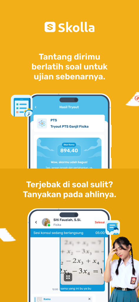 Interface do aplicativo Skolla mostrando resultados de simulados de exames e um chat de consulta humana ao vivo para matérias escolares como Física